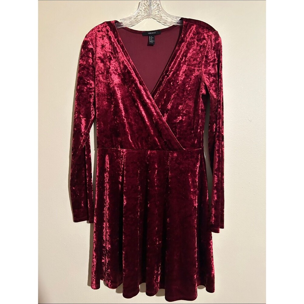 Forever 21 Burgundy Velvet Long-Sleeve Wrap Skater Dress